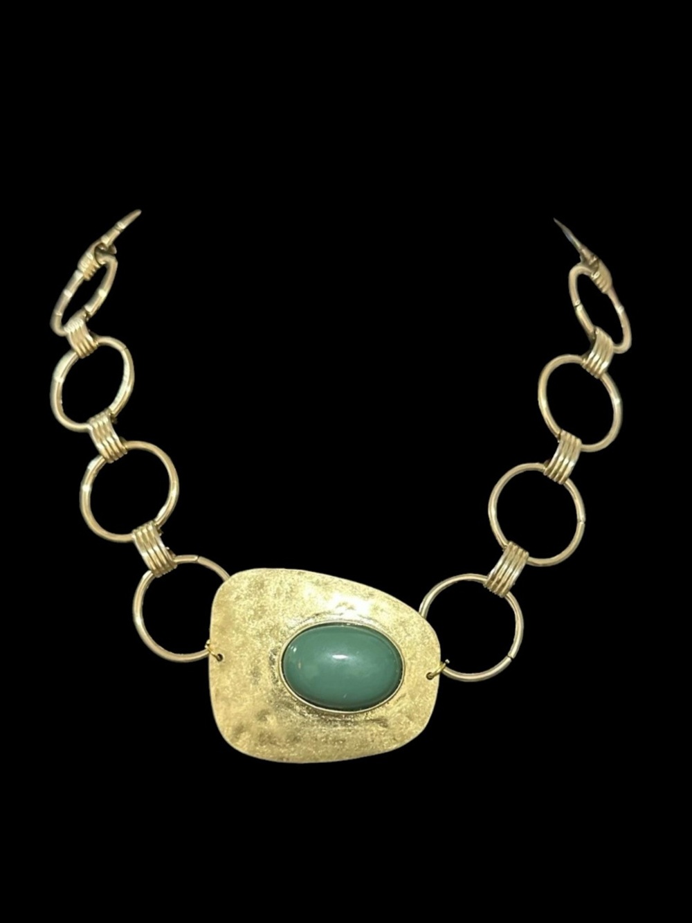Gold-Tone Statement Necklace with Green Oval Stone